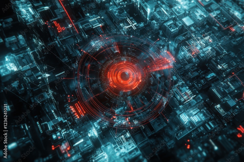 Poster high-tech digital cityscape with glowing patterns and structures at night