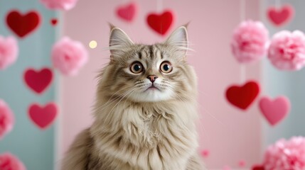A fluffy, wide-eyed cat sits amidst a festive Valentine's Day backdrop of pink and red hearts and pom-poms.