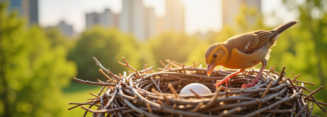 Bird inspecting egg in nest against city park background