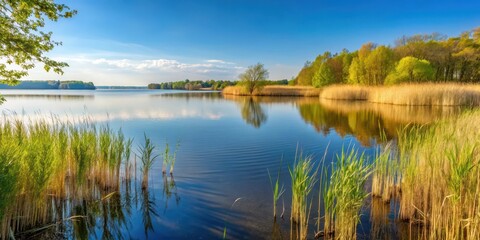 Fototapeta premium A serene lake shore at Ruhiges Seeufer am Scharm?tzelsee in Brandenburg with dense Schilf vegetation, rural scenery, lake