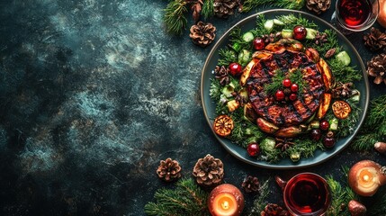 Festive dinner table setting featuring a roasted dish surrounded by seasonal decorations and candles