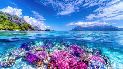 Naklejka premium Tropical island beach vibrant coral reef paradise ocean