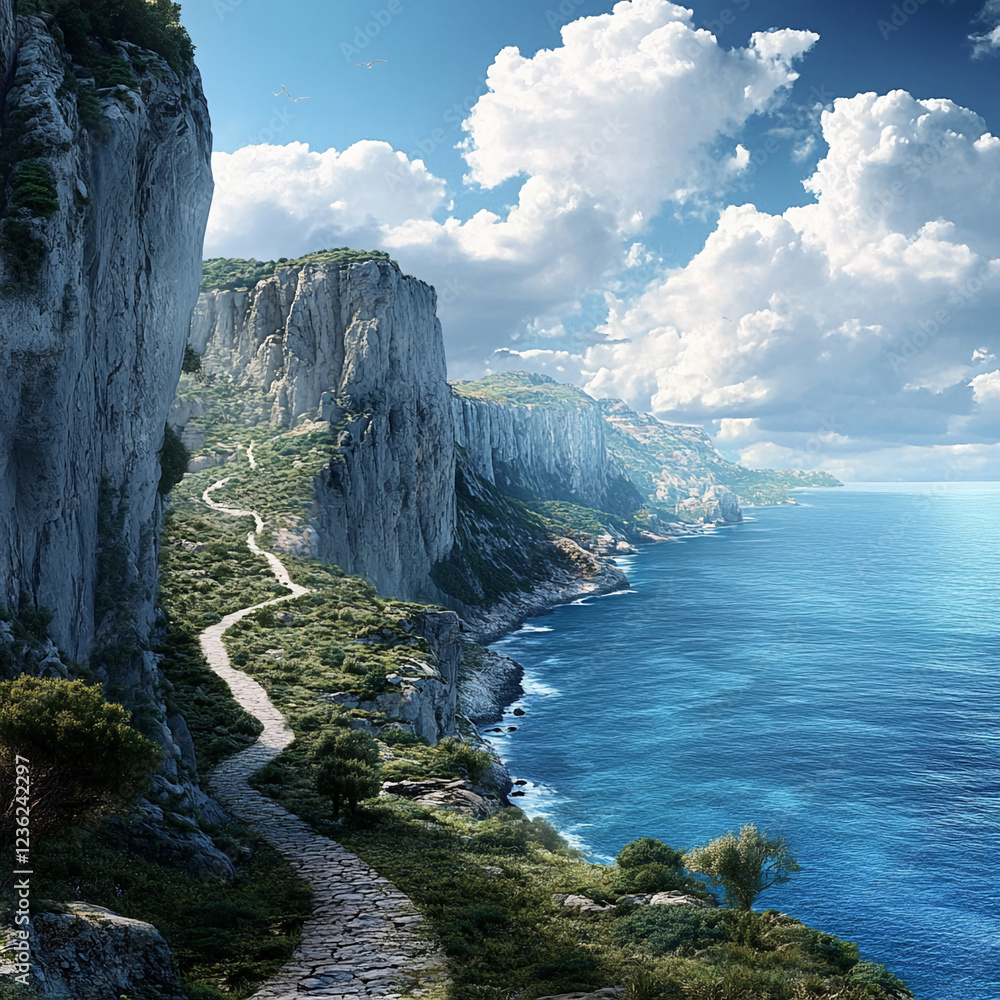 Aufkleber a scenic coastal view with a winding path along steep cliffs, offering a breathtaking view of the oc