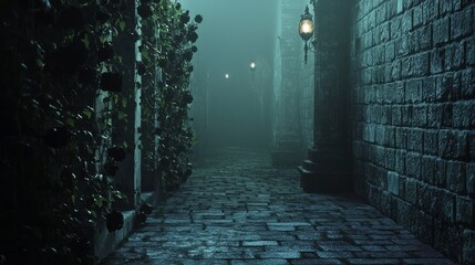 Obraz premium Misty Dark Alleyway with Lanterns Surrounded by Stone Walls