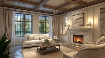 Fototapeta premium A Luxurious Living Room With A Fireplace, Comfy Couches, And Elegant Decor. Perfect For Relaxing And Enjoying The Ambiance.