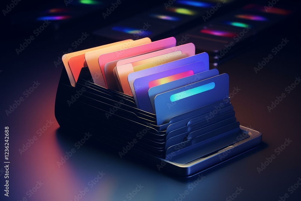 Poster colorful data cards glowing inside a futuristic server rack in a dark environment, suggesting advanc