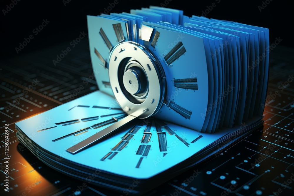 Poster futuristic device analyzing data on a blueprint, symbolizing technological innovation and advanced e