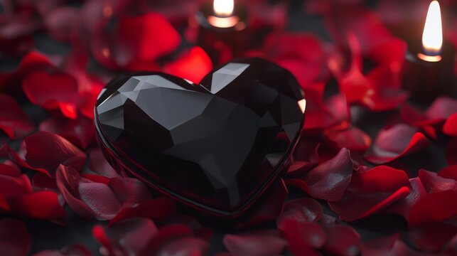 Heart Shaped Locket Adorned with Black Gems on Red Rose Petals