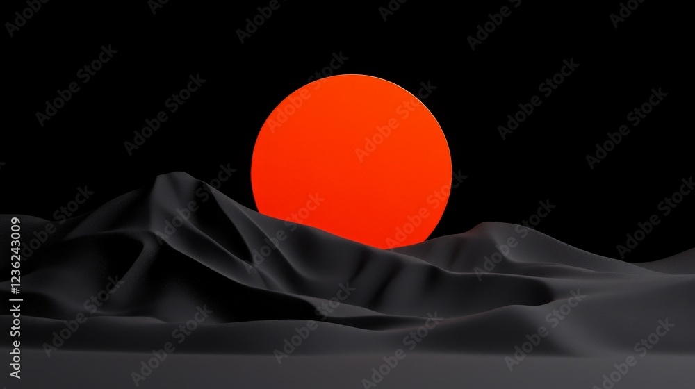 Poster abstract red sun: an ethereal, minimalist 3d render of a large, vibrant red orb rising above a field