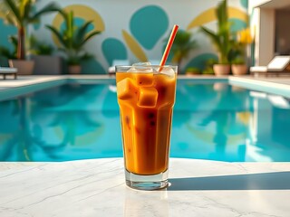 Cold Coffee by the Pool - Vibrant Summer Drink Close-up