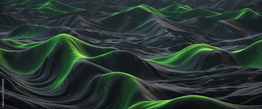 Poster abstract black dark background with green dots and lines, creating a wave pattern on the surface of 
