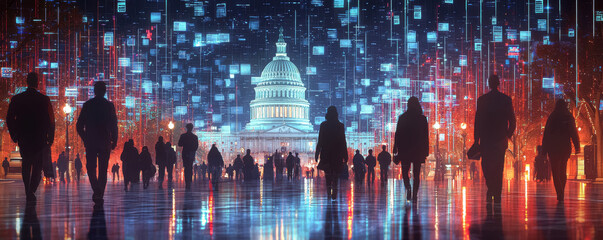 Silhouetted Crowd Walking Toward a Digital Capitol Hill at Night
