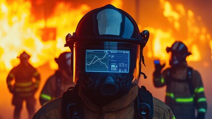 A firefighter in a smoky, dimly lit environment checks their smart helmet display, which overlays real-time fire movement predictions, escape routes, and oxygen levels directly onto their visor. The
