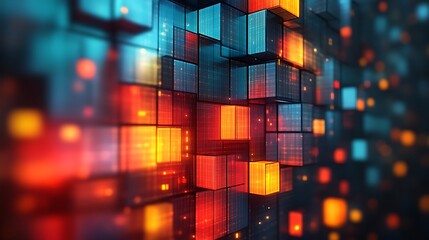 Abstract Glowing Cubes Digital Art Wall