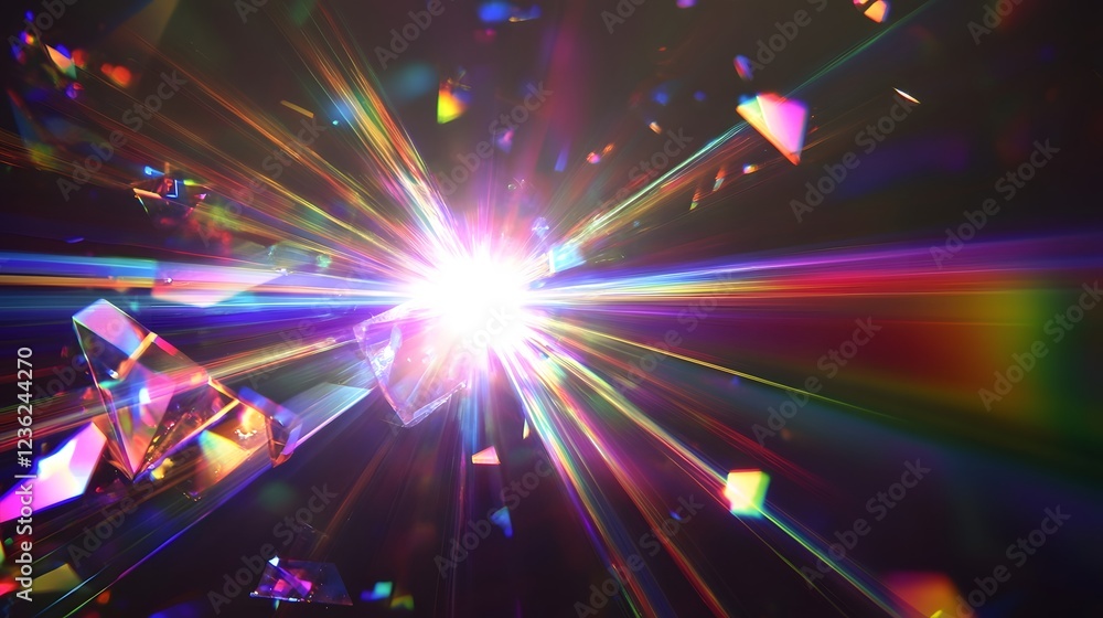 Poster Captivating explosion of colorful prismatic light and energy in dynamic mesmerizing motion  Glowing radiant beams of brilliant illumination create a striking futuristic and visual display