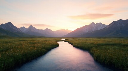 Fototapeta premium Serene River Flowing Through Lush Green Valley at Sunrise