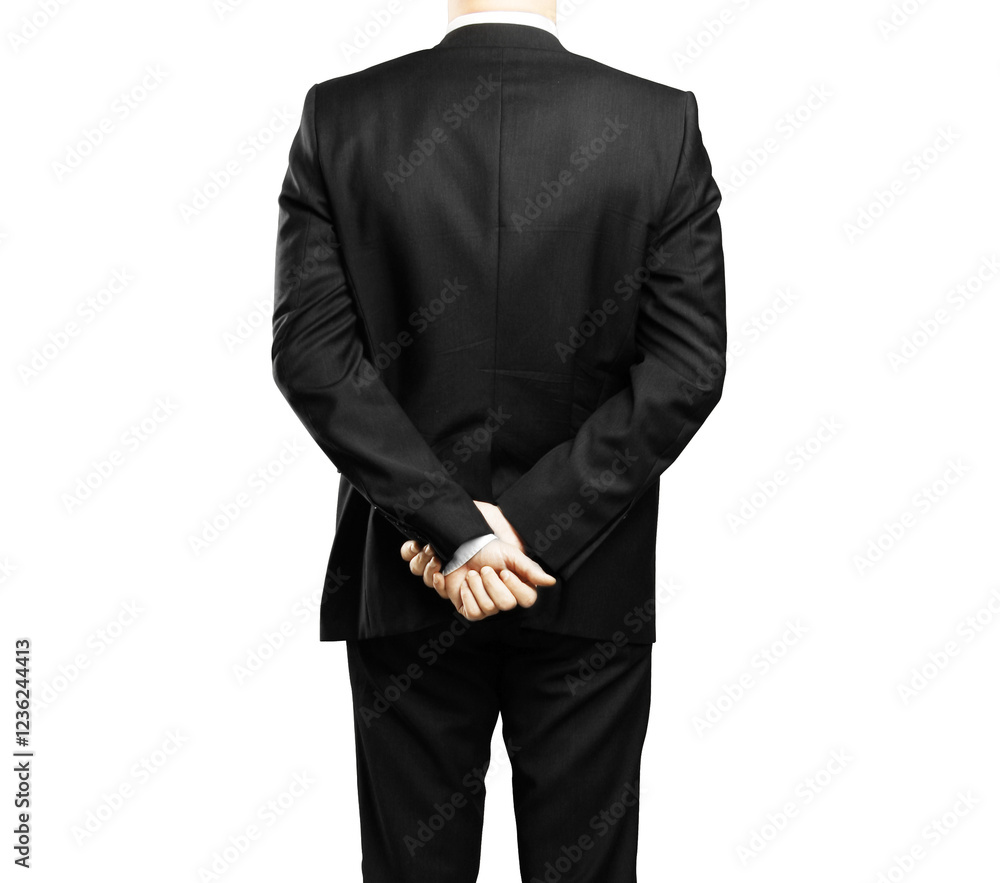 Aufkleber rear view of a man in a formal suit standing with hands clasped behind his back, against an isolated