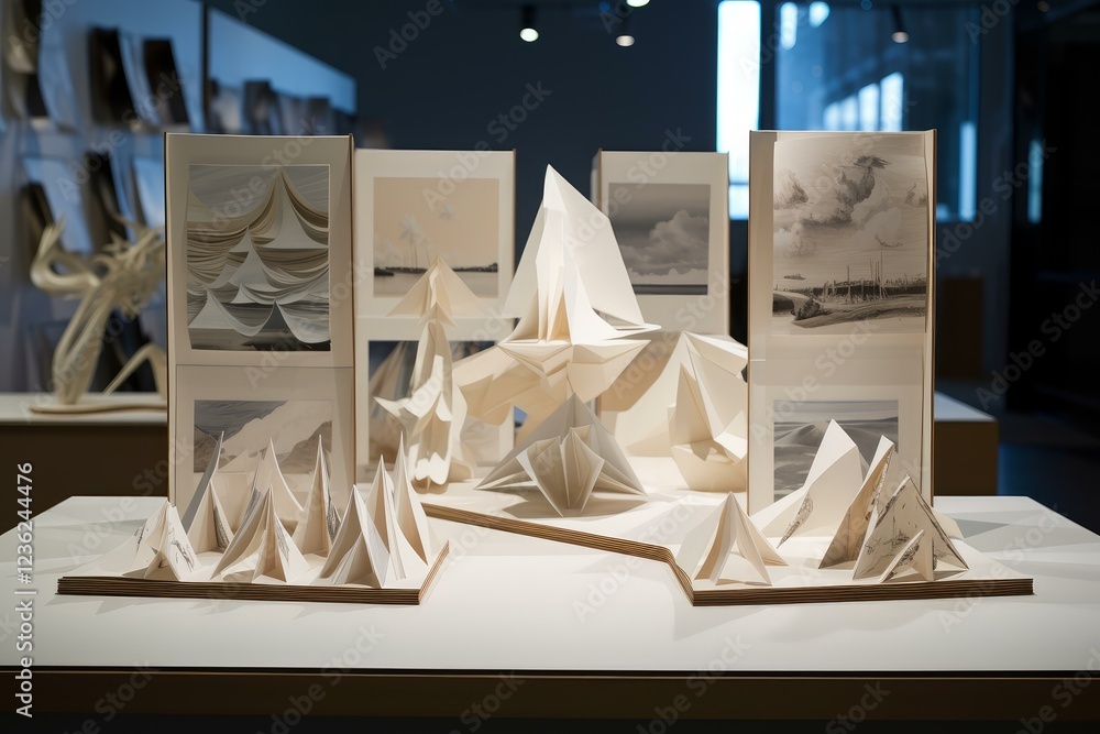 Poster intricate paper sculptures mimicking mountain ranges and landscapes are displayed on a table in an a