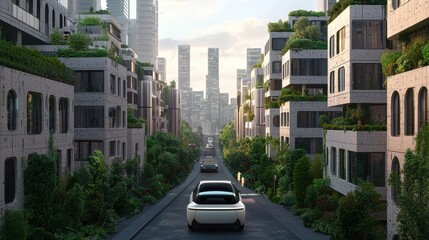 Fototapeta premium Modern Cityscape with Green Architecture and Futuristic Vehicle
