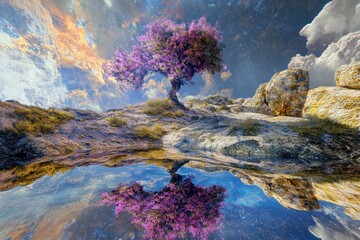 Beautiful purple tree reflecting on a serene body of water under a colorful sky