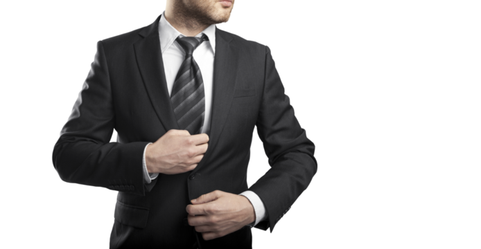 Man in formalsuit adjusting jacket and tie, isolated on white background. Concept of professionalism, elegance, and business attire