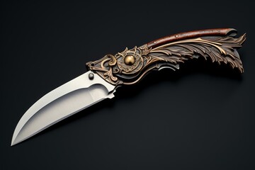 Studio shot of a custom made folding knife showcasing intricate metalwork and wood inlay on the handle