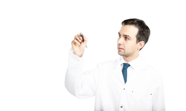 A male scientist or doctor in a white lab coat holding a pen and writing in the air, isolated on a clean white background, concept of innovation