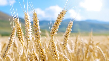 Fototapeta premium Golden wheat field under sunny sky, mountain backdrop; agriculture
