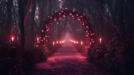 Mysterious Forest Path Lined with Enchanted Lights and Flowers