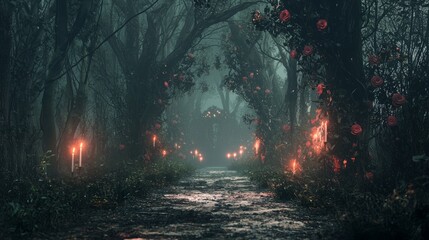 Enchanted Mysterious Pathway Through Dark Forest With Roses