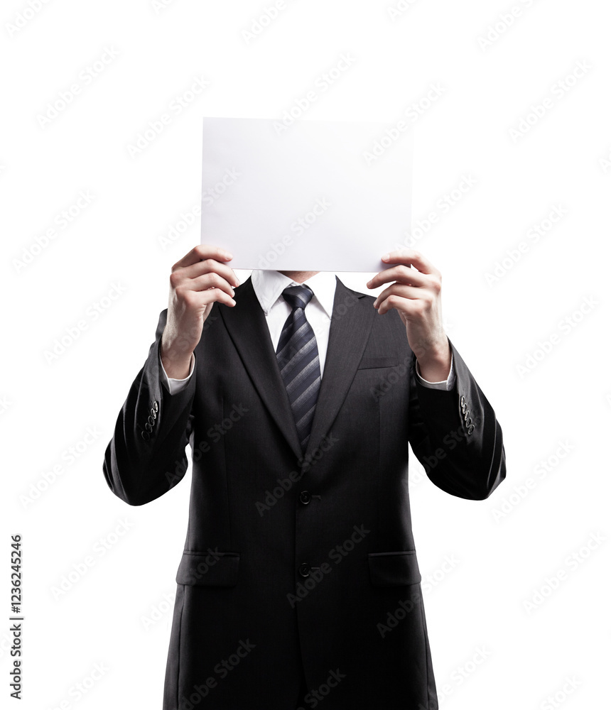 Aufkleber man in a suit holding blank paper in front of face, standing against white background. professional 