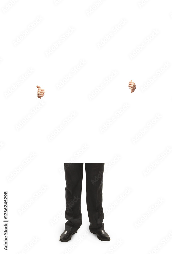 Poster man dressed in formal pants and shoes holding a blank white board, with only hands and lower half vi