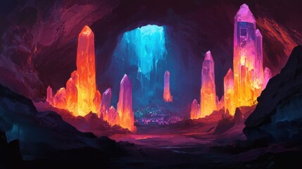 Vibrant Crystal Cave with Glowing Crystals and Atmospheric Lighting