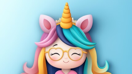 Fototapeta premium A cute, colorful cartoon unicorn girl with vibrant hair, glasses, and a cheerful expression against a soft blue background.