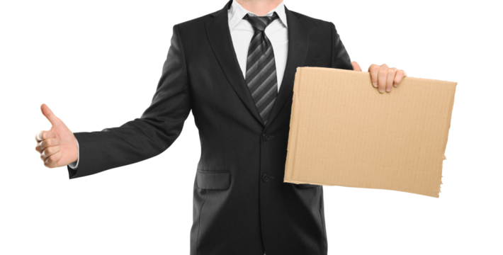 Businessman in suit holding blank cardboard sign and giving thumbs up gesture, isolated on white background. Concept of communication and positivity - Powered by Adobe