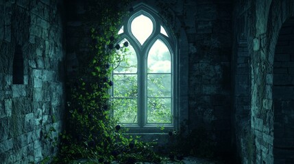 Fototapeta premium Large Window in Dilapidated Room with Ivy and Natural Light