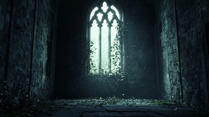 Fototapeta premium Large Dilapidated Window with Overgrown Vines in Dark Room