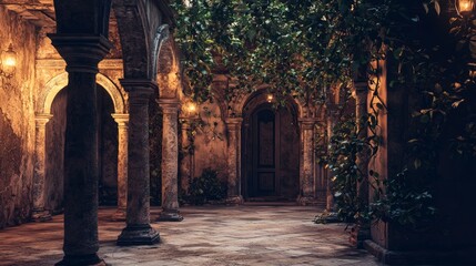 Ancient Stone Courtyard with Lush Greenery and Soft Lighting