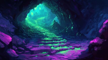 Obraz premium Enchanted Cave with Luminous Pathway and Vivid Colors