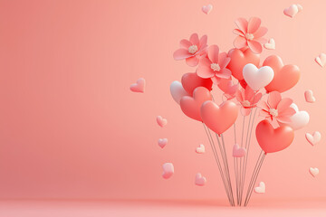 charming bouquet of pink heart-shaped balloons and flowers in 3d render, suitable for festive occasions like anniversaries and valentine's day