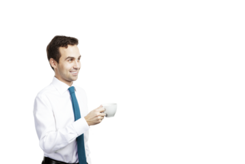 A businessman holding a coffee cup while smiling, wearing a white shirt and blue tie, isolated on a white background. Professional and casual concept