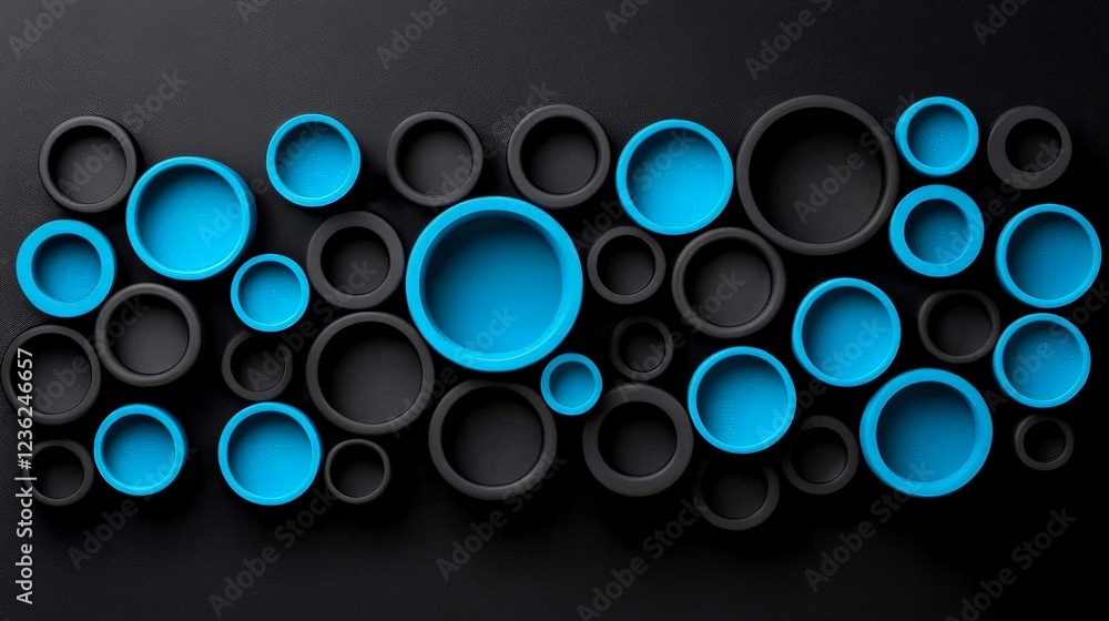 Poster Abstract Blue and Black Circles: A visually striking arrangement of overlapping blue and black circles creates a dynamic and modern abstract design. Perfect for backgrounds or design elements.