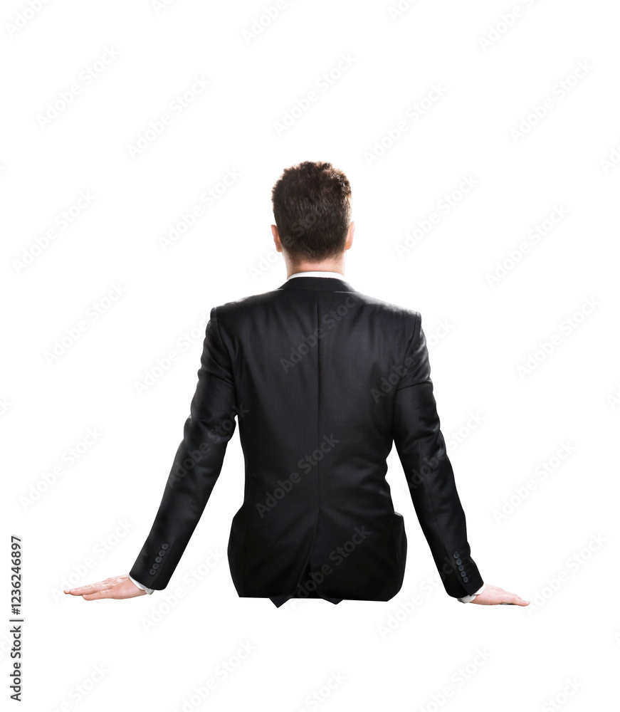 Poster A rear view of a seated man in asuit, hands resting on the surface, isolated on a white background. Concept of business, professionalism