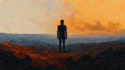 Solitary Figure Against a Dramatic Sunset Landscape