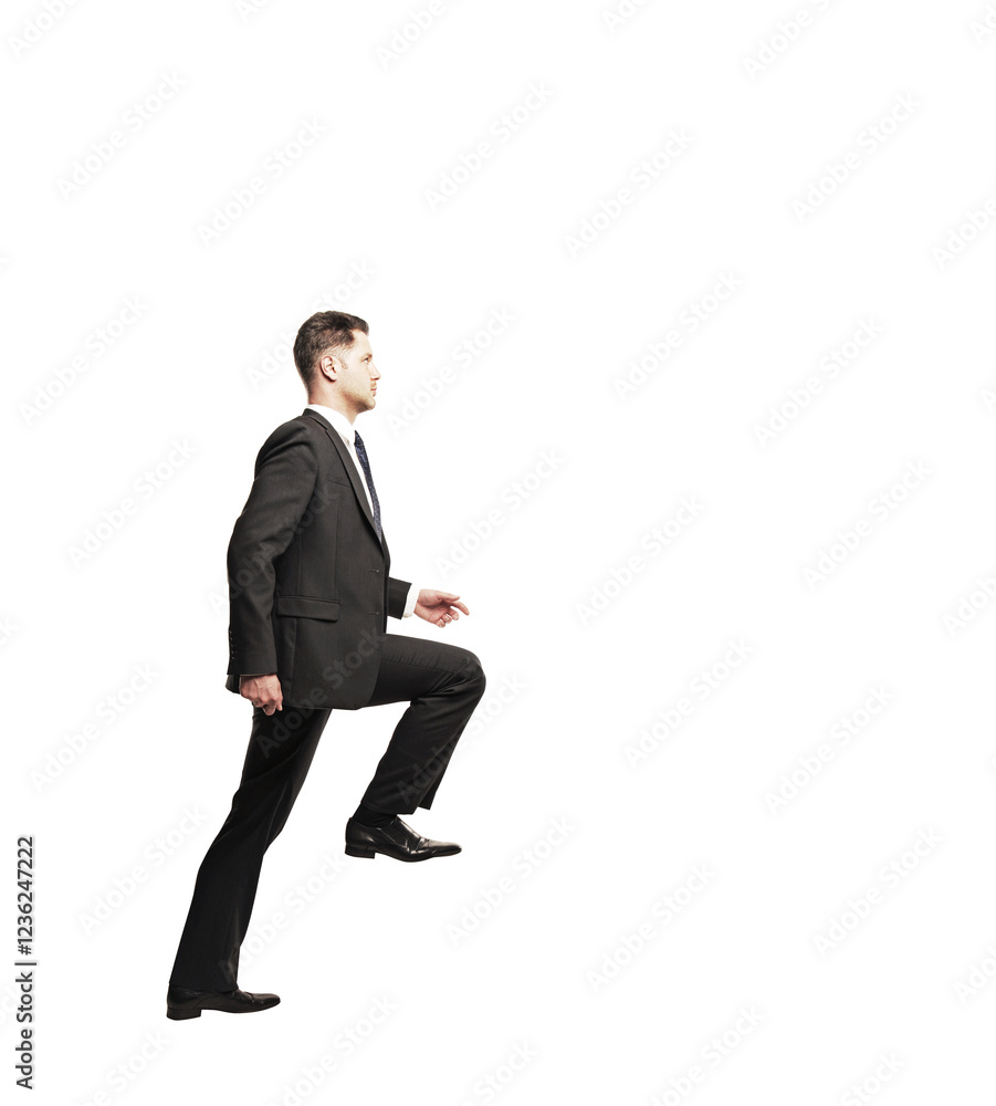 Poster a businessman in a formal suit stepping forward in profile view. isolated on a white background. con
