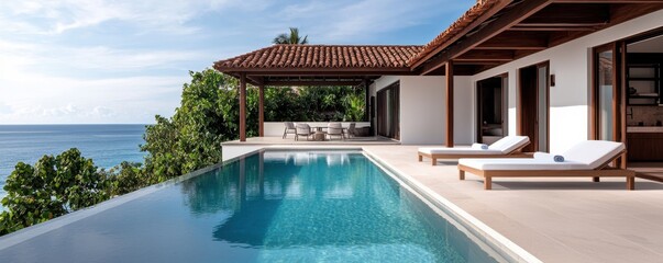 Fototapeta premium Luxury oceanfront spa resort with an infinity pool and stunning panoramic views of the crystal clear waters and lush tropical landscape