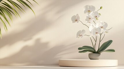 Elegant Arrangement of White Orchids in a Minimalist Setting, Beautifully Lit by Soft Shadows Cast on a Neutral Background