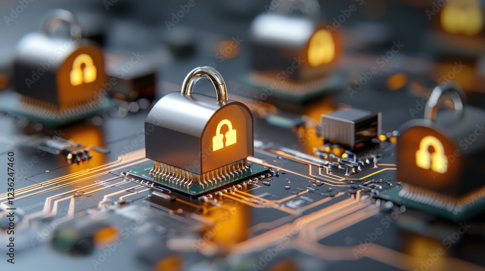 Poster layered data privacy and security featuring digital locks circuit boards and cybersecurity concepts