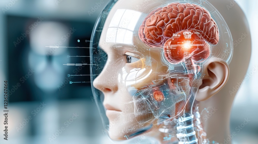 Poster stunning holographic display showcasing advanced 3d visualization of human brain anatomy and medical