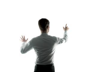 Person in white shirt with arms extended, isolated on plain white background, concept of interaction or innovation